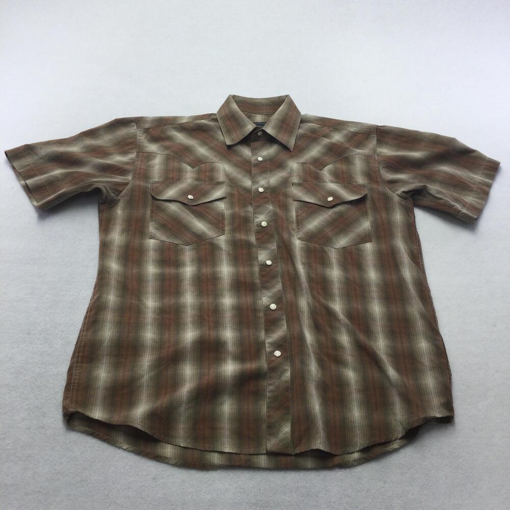 Maximos Italy Shirt Mens Small Brown Plaid Western Pearl Snap Short Sleeve